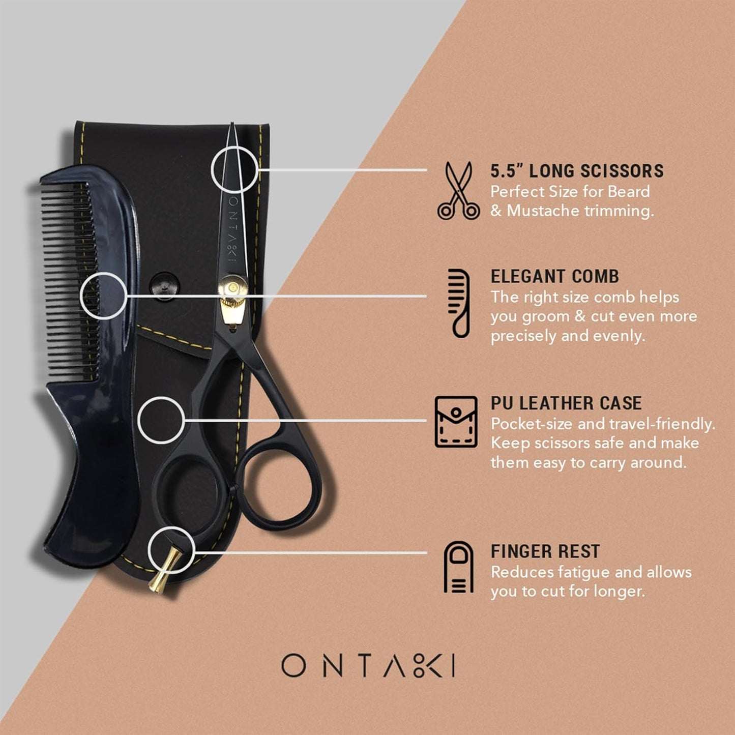 Ontaki Hair Cutting Scissors - 5.5 in, Ergonomic Black, Left Handed - 420C Japanese Steel Beard & Mustache Scissors with Mustache Comb & Pouch & Barber Shears