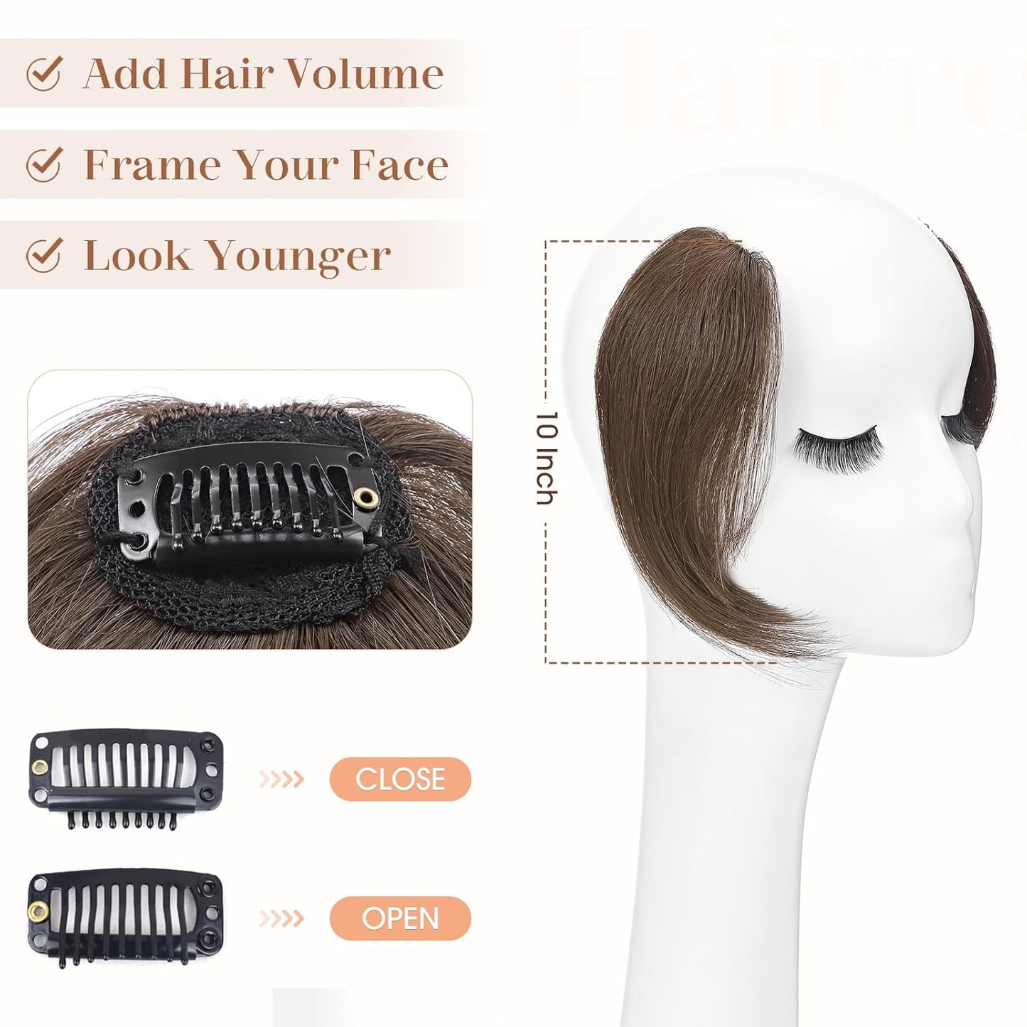 Hairro Clip in Wave Side Bangs Extensions, 100% Human Hair 2 PCS Clip on Middle Part French Bangs Thin Sides Swept Fringe Hairpieces