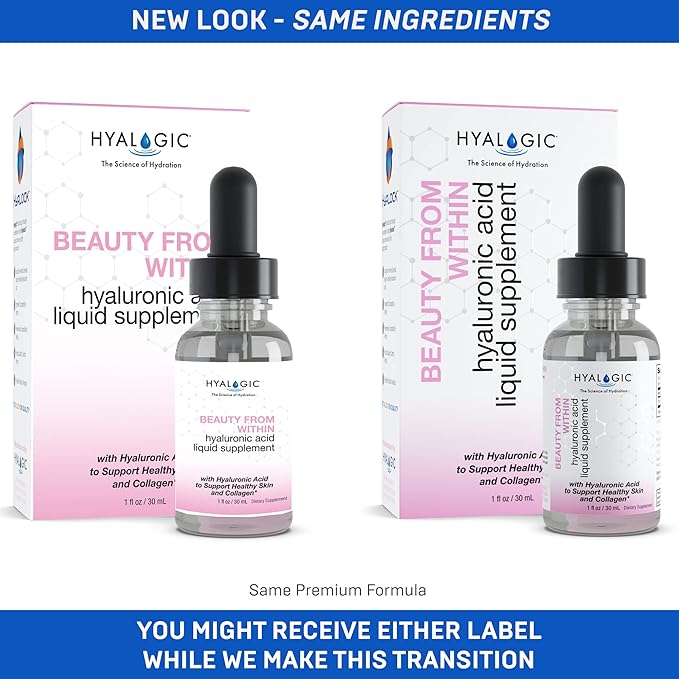 Hyalogic Beauty From Within Hyaluronic Acid Liquid Supplement - Liquid Hyaluronic Acid for Skin Hydration, and Collagen Boost - Vegan, Gluten-Free, Odorless & Tasteless (1 Fl Oz)
