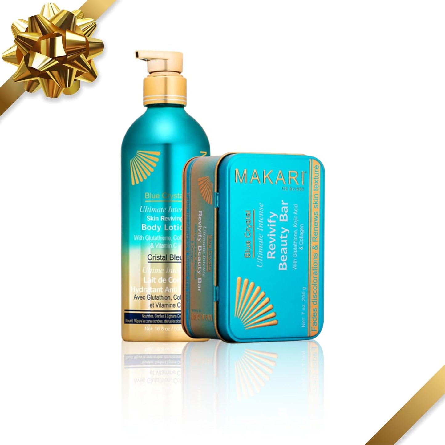 MAKARI Blue Crystal 2 Piece Gift Set & Free Makeup Bag - Brightening Bar Soap & Body Lotion Formulated with Glutathione for All Skin Types, Botanical Self Care Kit for Women