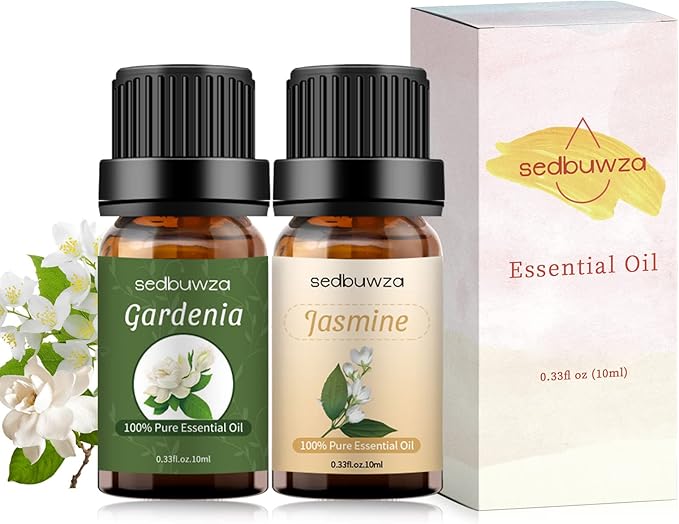 Sedbuwza Gardenia Jasmine Essential Oil Set, Gardenia Fragrance Oil Jasmine Scent Oil Set for Diffuser, Aromatherapy, Massage, Soap, Candle Making 2 x 10 ml