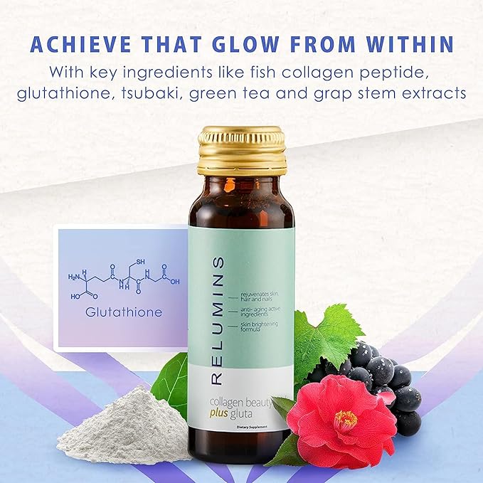 Relumins Advance Beauty Supplement Set – Collagen Drink, Glutathione Drink & Vitamin C 1000mg with Rose HIPS & Bioflavonoids, Hyaluronic Acid & CoQ10