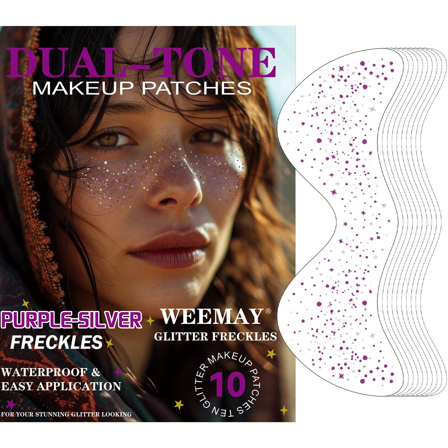 10 Pcs Purple and Silver Dual-tone Glitter Freckles, Halloween Glitter Freckle Face Tattoos, Waterproof Face Sparkle Temporary Tattoos, Long-lasting 48h Halloween Makeup for Women and Kids