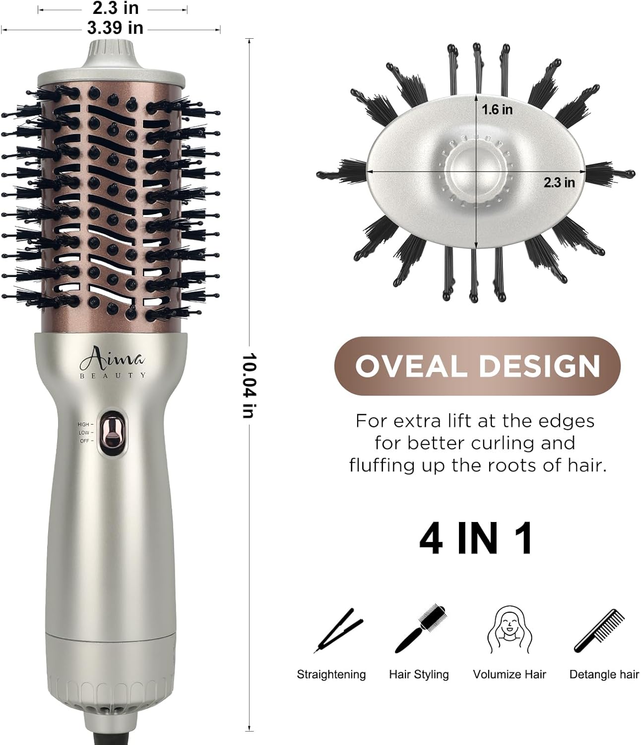 Aima Beauty 4 in 1 Worldwide Travel Hot Air Brush Dual Voltage Blowout Brush Oval Shape 110V-120V/220V-240V Straightener Blow Dryer Brush Ionic Lock Moisture Gift 360° Swivel Cord Champagne Silver