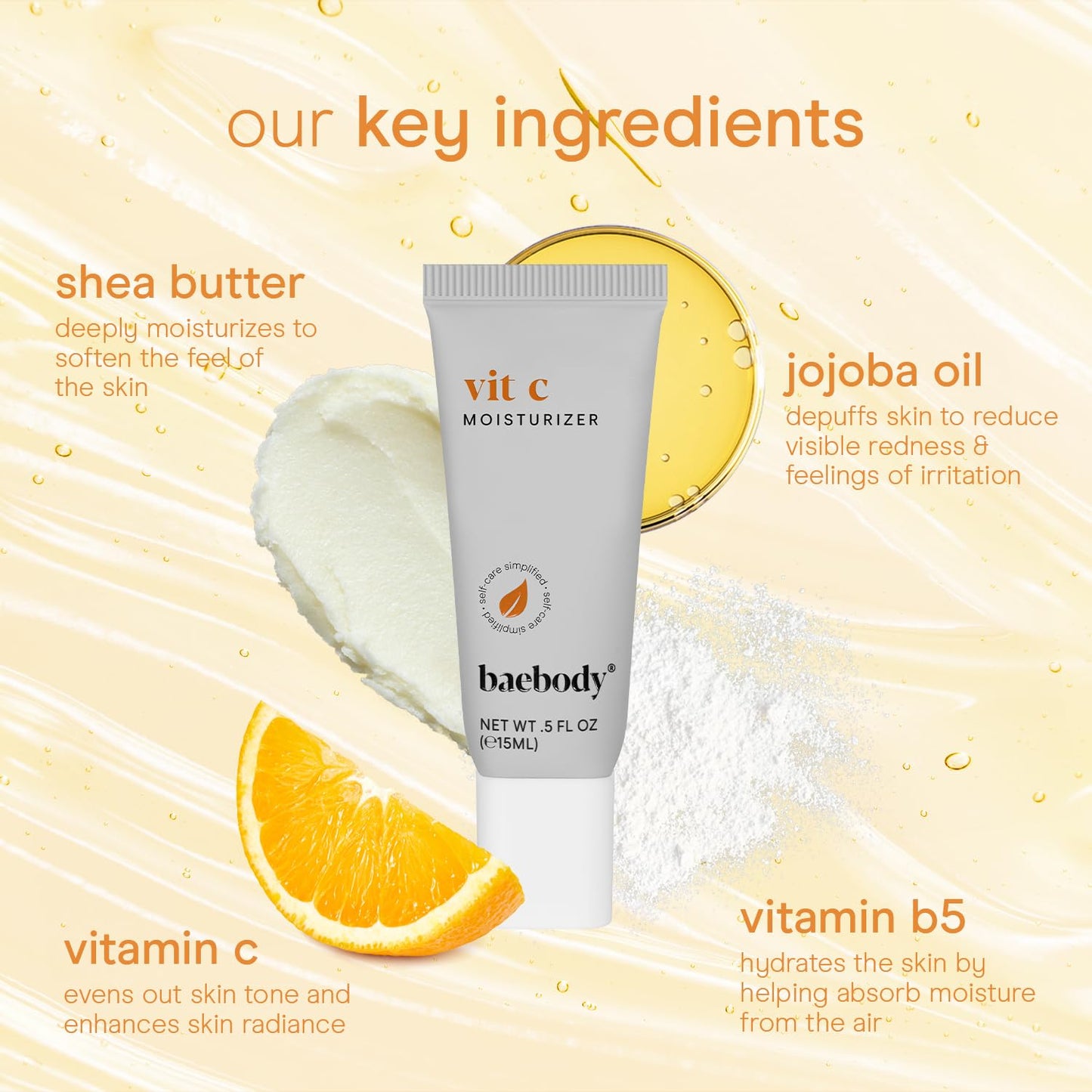 Baebody Made in USA Vitamin C Face Moisturizer - Travel Size Brightening Vitamin C Cream Moisturizer with Jojoba Oil - Anti Aging and Hydrating (0.5 fl oz/15 ml)