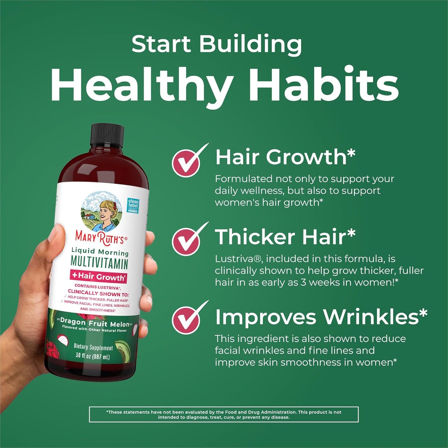 MaryRuth's Liquid Multivitamin + Hair Growth | Clinically Tested in Women for Thicker Hair & Facial Wrinkles | Biotin 10000mcg | Lustriva Hair Growth Supplements | Skin Care | Ages 18+ | 30 Fl Oz