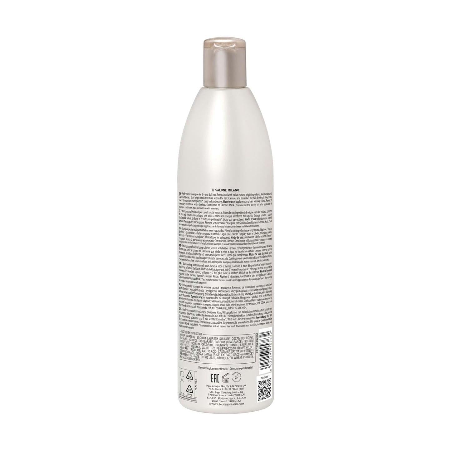 Il Salone Milano Glorious Moisturizing Shampoo for Dry Hair - Adds Shine and Softness to Dull Hair - Repairs and Protects - Professional Hydrating Shampoo - Made in Italy - Vegan (16.9 oz / 500ml)