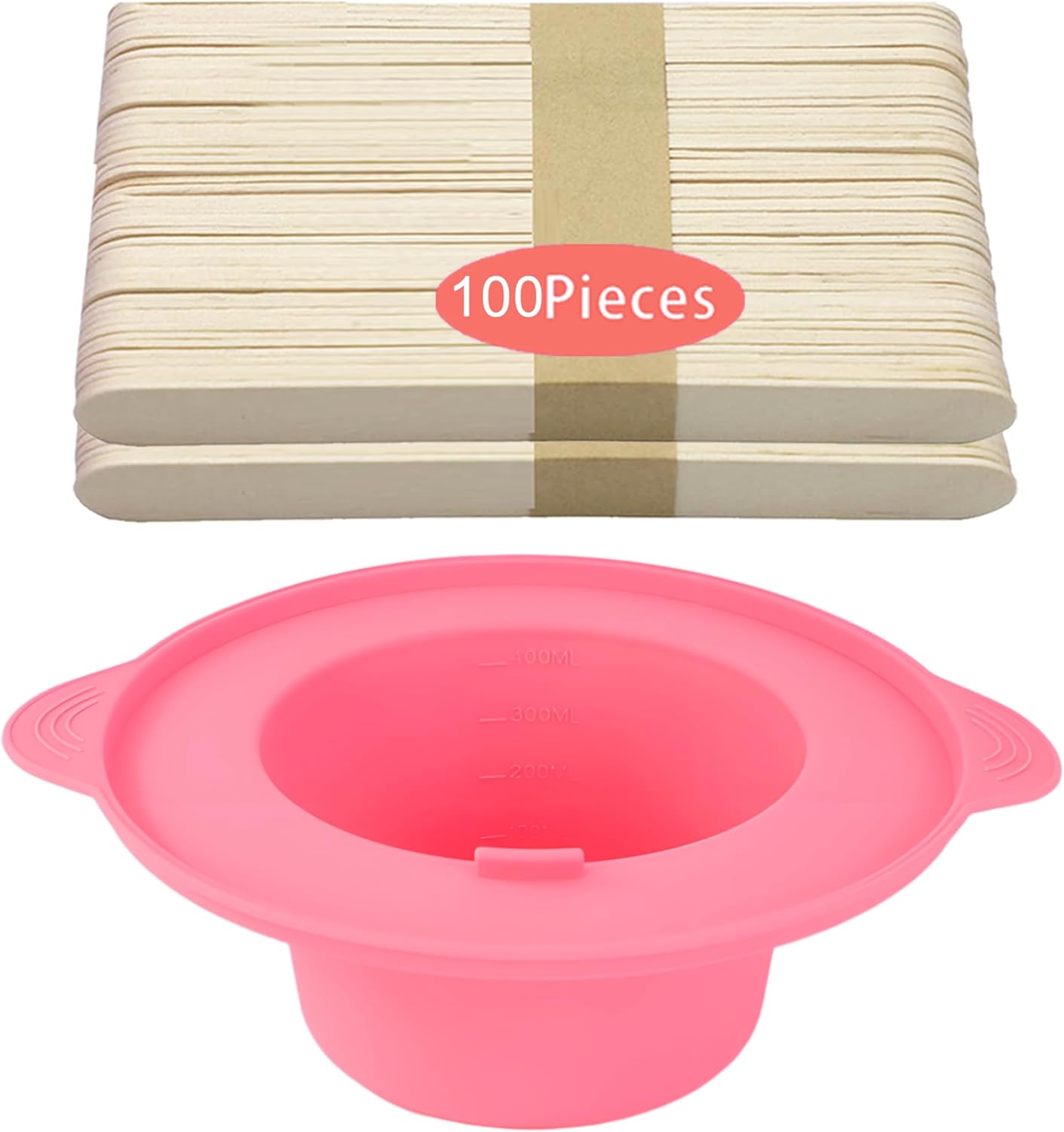 14 oz Silicone Wax Warmer Liner, Silicone Wax Bowl for Wax Warmer, Non-Stick Wax Melt Warmer Wax Pot Replacement, Reusable Wax Melt Liner with 100 Pcs Waxing Sticks Body Hair Removal Sticks Pink
