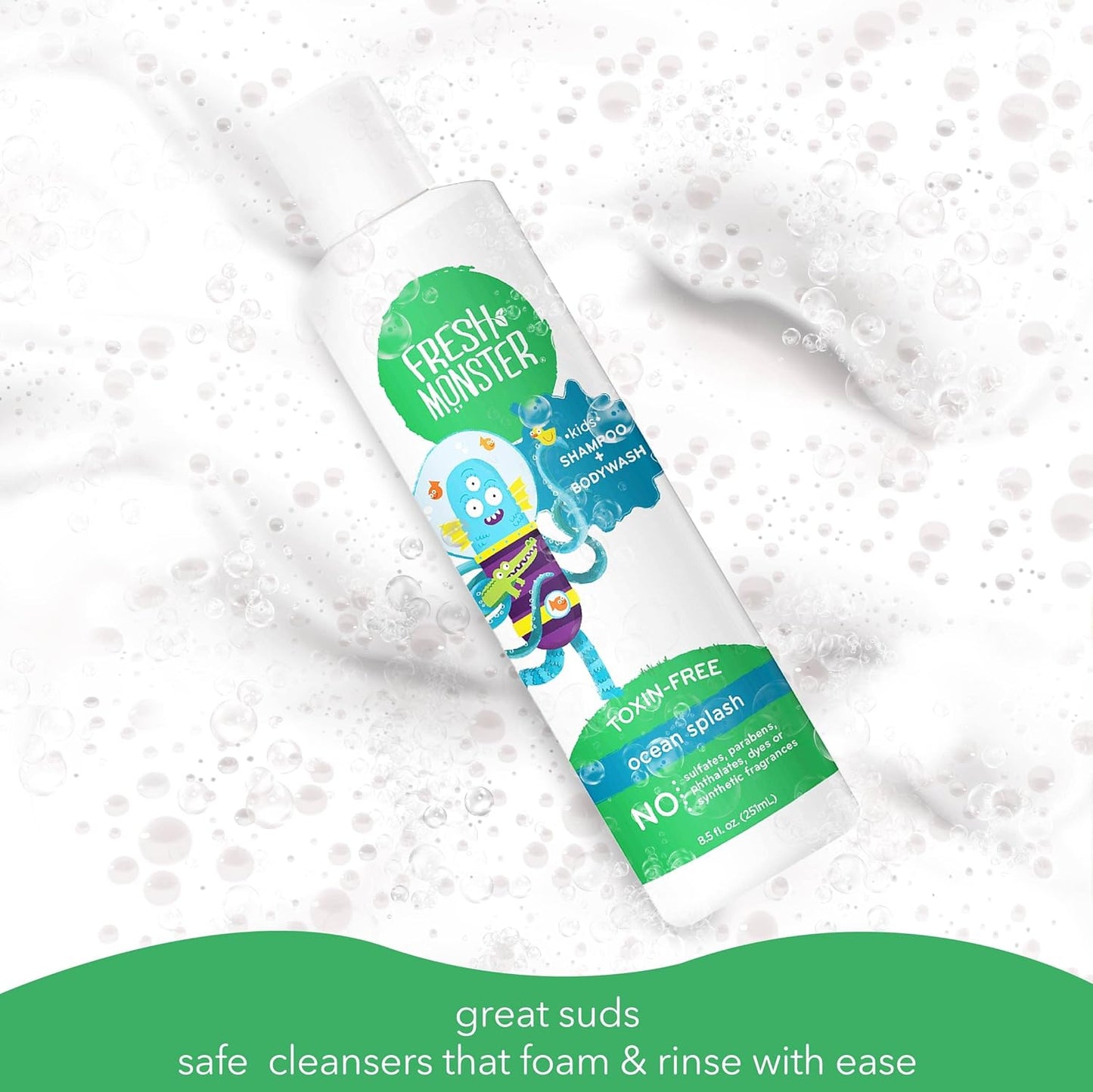 Fresh Monster 2-in-1 Kids Shampoo & Body Wash, Ocean Splash - 8.5oz, Toxin-Free, Hypoallergenic, Natural & PETA Certified Cruelty-Free, Unisex