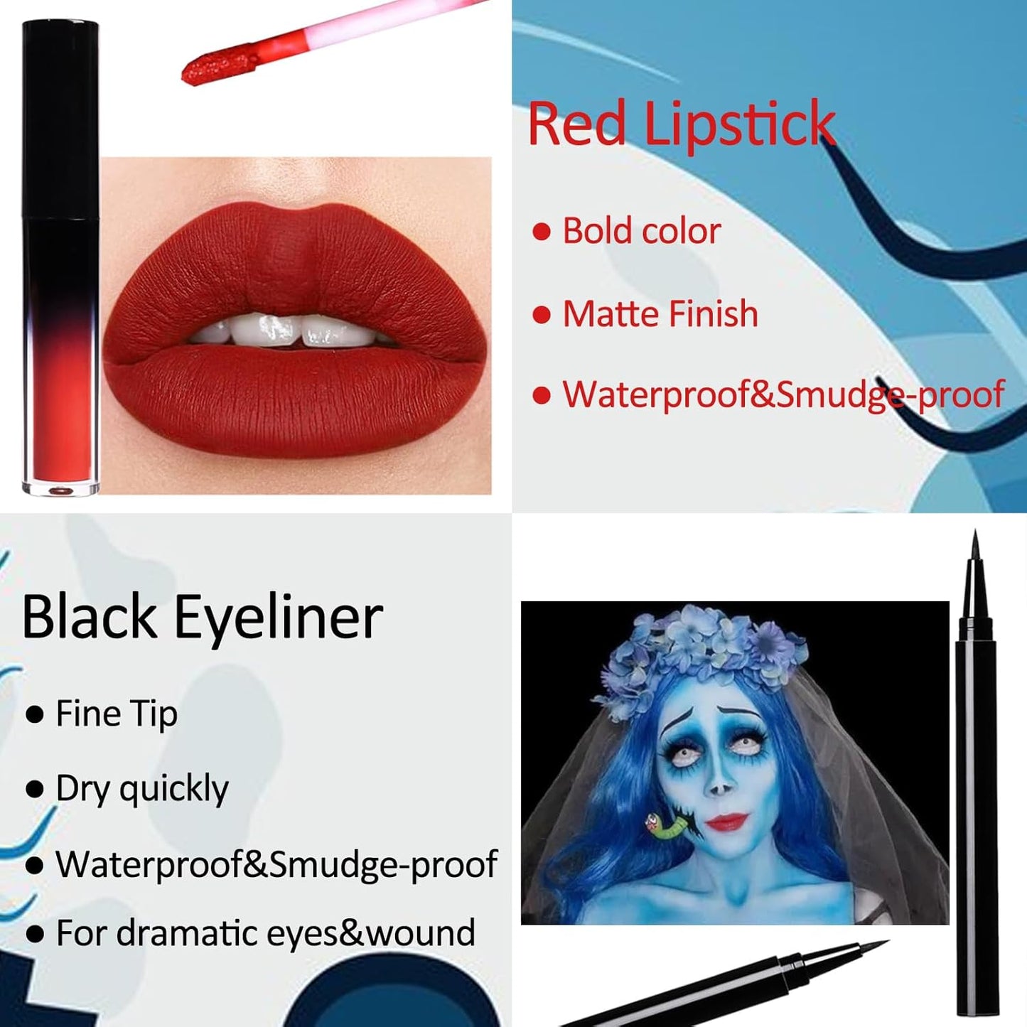 Halloween Makeup Kit for Corpse Bride Costume Women Girls Kids,Costume Accessories Cosplay Makeup Set with Light Blue Face Paint,Black Liquid Eyeliner,Red Lipstick,Blue Clip in Hair Extensions&Sponges