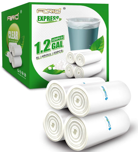 FORID Clear Small Trash Bags, 1.2 Gallon Garbage Bags, Wastebasket Bin Liners 220 Count Plastic Trash Bags for Bathroom Bedroom Office Garbage Can 5 Liters - Durable & Thick Trash Bag