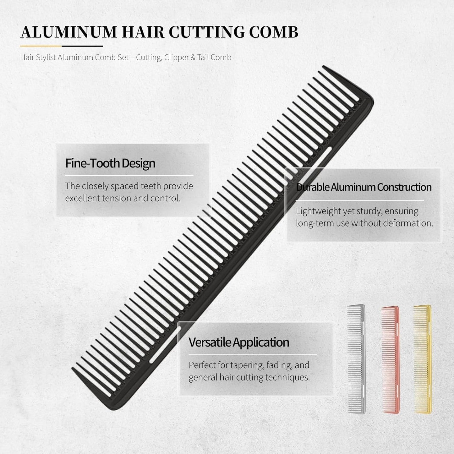 3 Pcs Professional Aluminum Comb Set for Barber Hair Styling - Fine Cutting, Rat Tail, Handle Combs (Black)