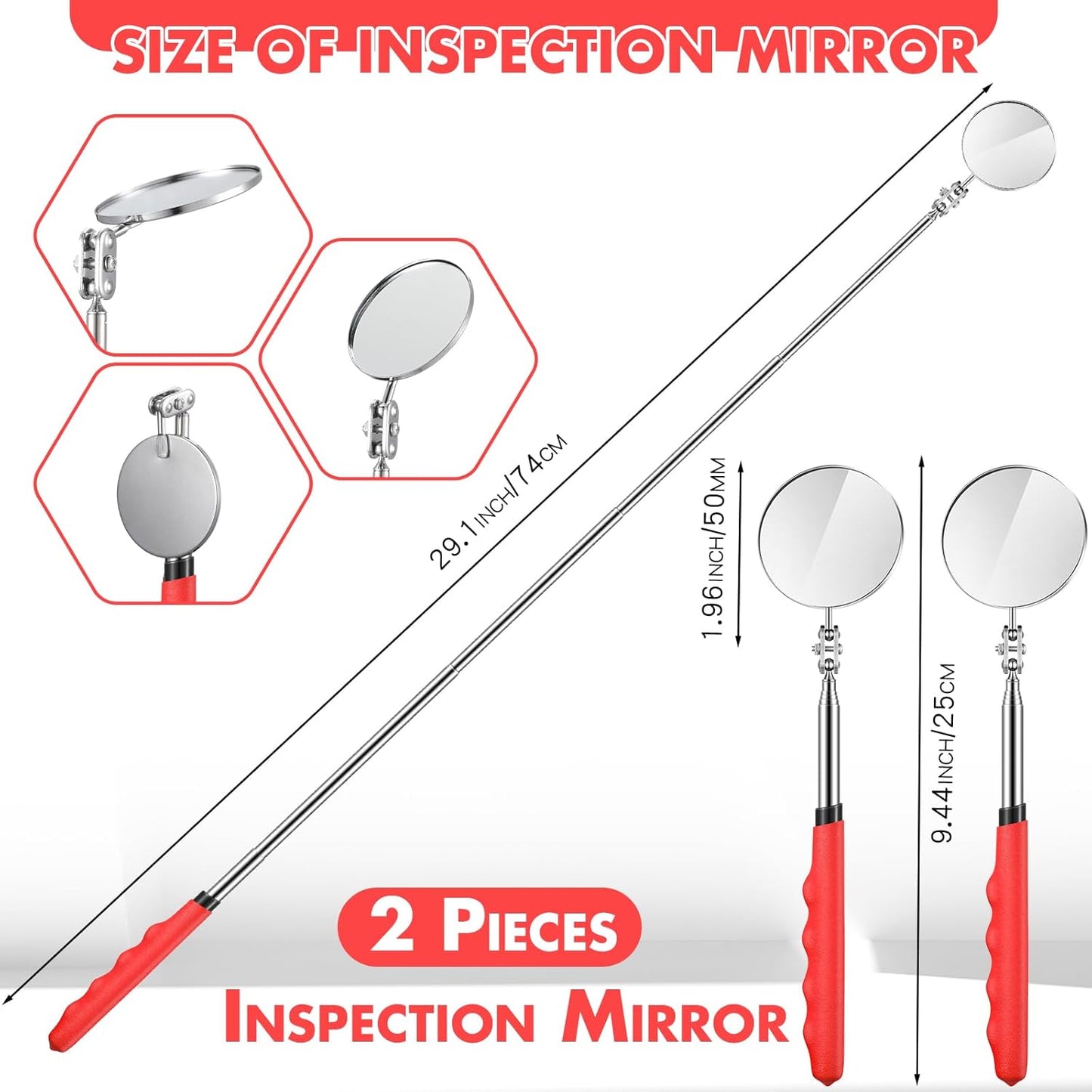 2 Pcs Telescoping Inspection Mirrors, Mechanics Mirror Tool with Long Handle, Round Extendable Mirror on a Stick for Technicians Mechanics Contractors Checking Observation(50mm,Red)