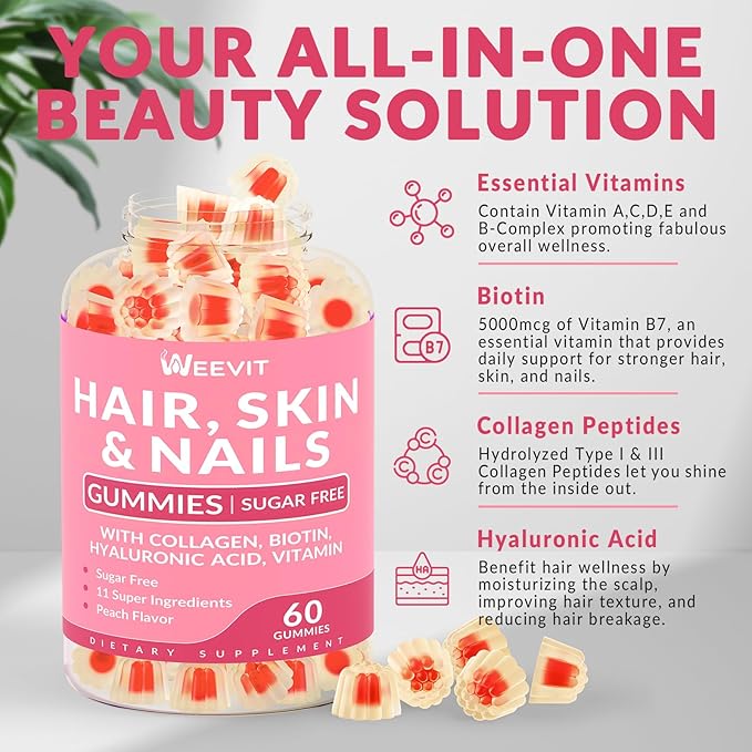 Hair Skin and Nails Gummies, Hair Skin Nails Vitamins w/Biotin Collagen Hyaluronic Acid, Hair Growth Vitamins for Hair Loss for Women & Men - Non-GMO & Gluten Free