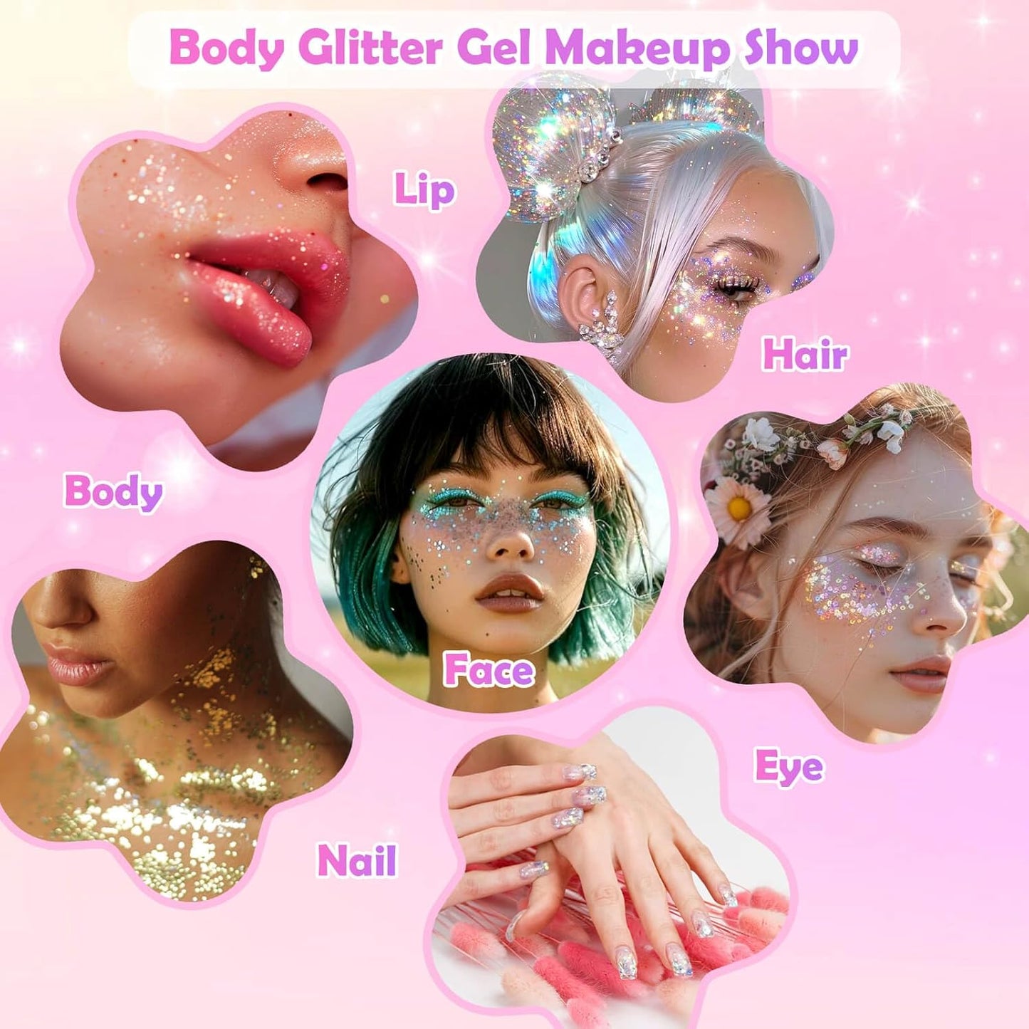 10 Colors Body Face Glitter Gel for Skin and Hair, Makeup Sparkles Rave Accessories for Festival Outfits, Mermaid Decorations, Disco Cowgirl, Mardi Gras