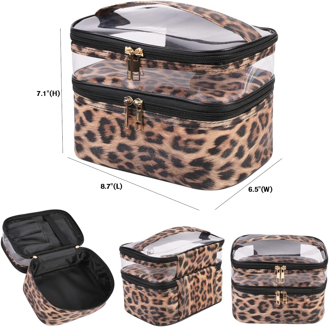 FITINI Makeup Bags Leopard Double Layer Travel Storage Cosmetic Cases Make up Organizer Toiletry Bags Water-resistant for Women Makeup Brush Bag
