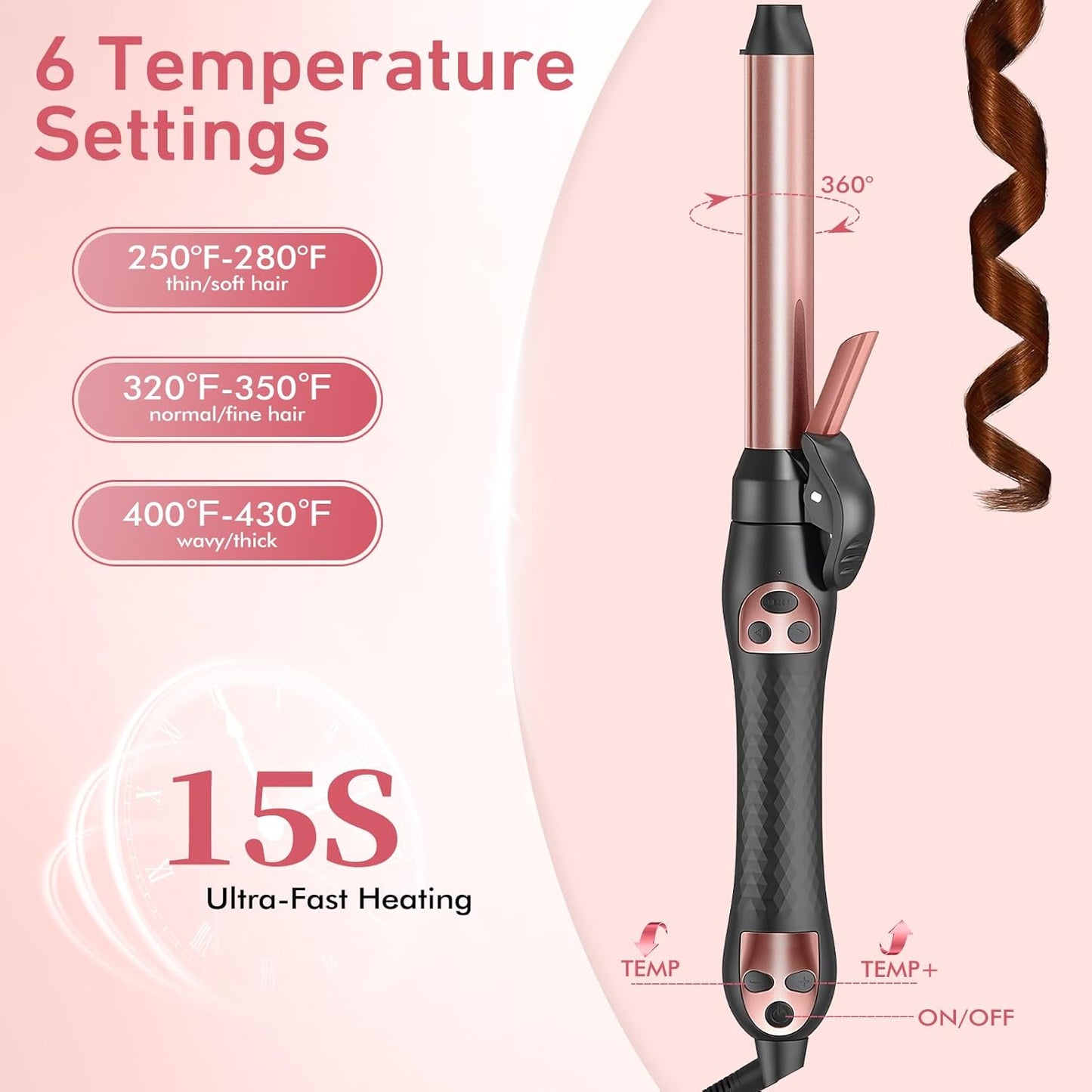 Automatic Rotating Curling Iron 1-Inch - Self-Curl for Beach Waves & Thick Hair, Adjustable Temp 250°F-430°F + Dual Voltage Travel Iron - Salon Results for Beginners (Rose Gold)