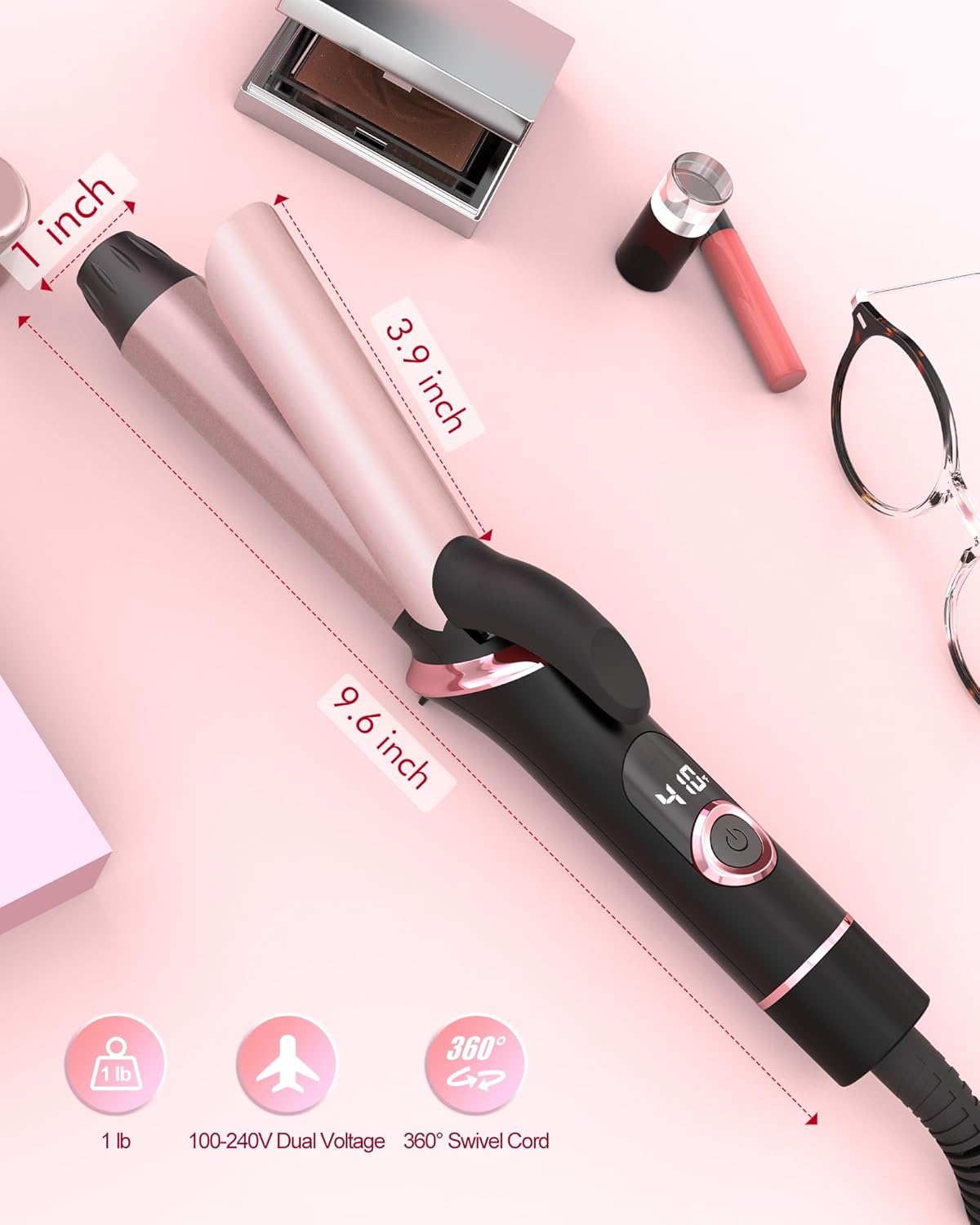 Mini Curling Iron for Travel, Dual Voltage Curling Wand with European, UK Plug Adapter, Small Wave Hair Curler for Short, Long Hair, Tiny Long Barrel Hot Tool Temp Control up to 410℉, 1 Inch