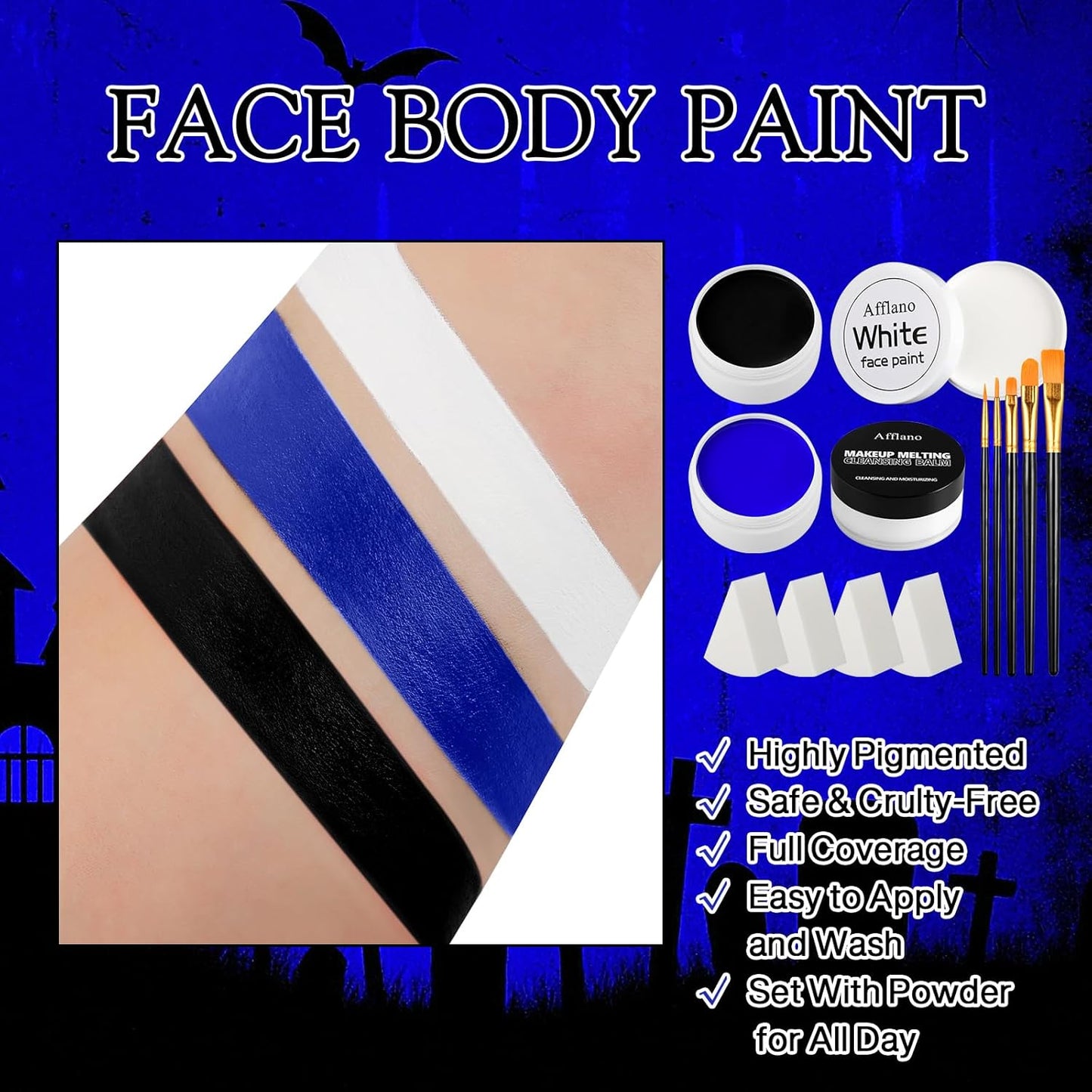 Black White Blue Face Paint Kit – 3×50g Oil-Based Grease Makeup with Remover Balm, Brushes & Sponges – Sweat-Proof, Easy On & Off SFX Makeup for Halloween, Cosplay, Ghost & Ice-Themed Stage Looks