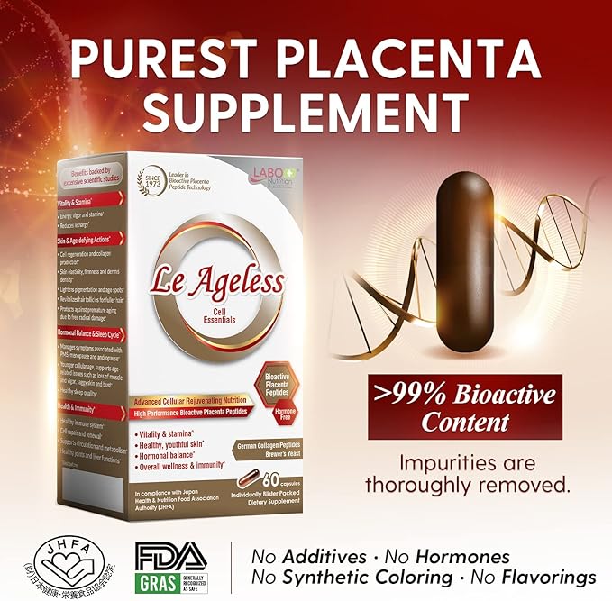 LABO Nutrition Le Ageless – Placenta Cell Rejuvenating Therapy from Japan – Enhanced with Collagen Peptide and Brewer’s Yeast to Supports Immune Health, Skin Regeneration, Anti-Aging – 60 Capsules