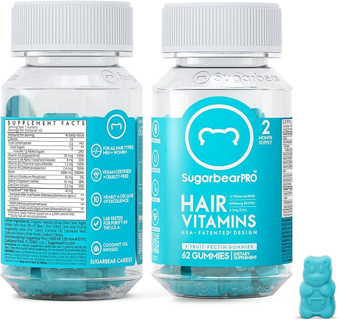 Sugarbear Hair Vitamin Gummy 4 Month Supply Extra Strength Biotin 6000mcg, Growth for Men & Women, Vegan Vitamin B12, MSM, Inositol, Omega 3, Elderberry, Certified Kosher, Halal, Cruelty-Free