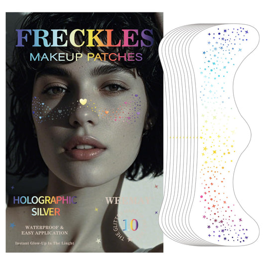 10 Pcs Holographic Multicolor Glitter Freckles, Glow Up Laser Silver Glitter Freckles Face Tattoo, Waterproof Face Sparkle Freckles, Long-lasting 48h Temporary Tattoos for Women