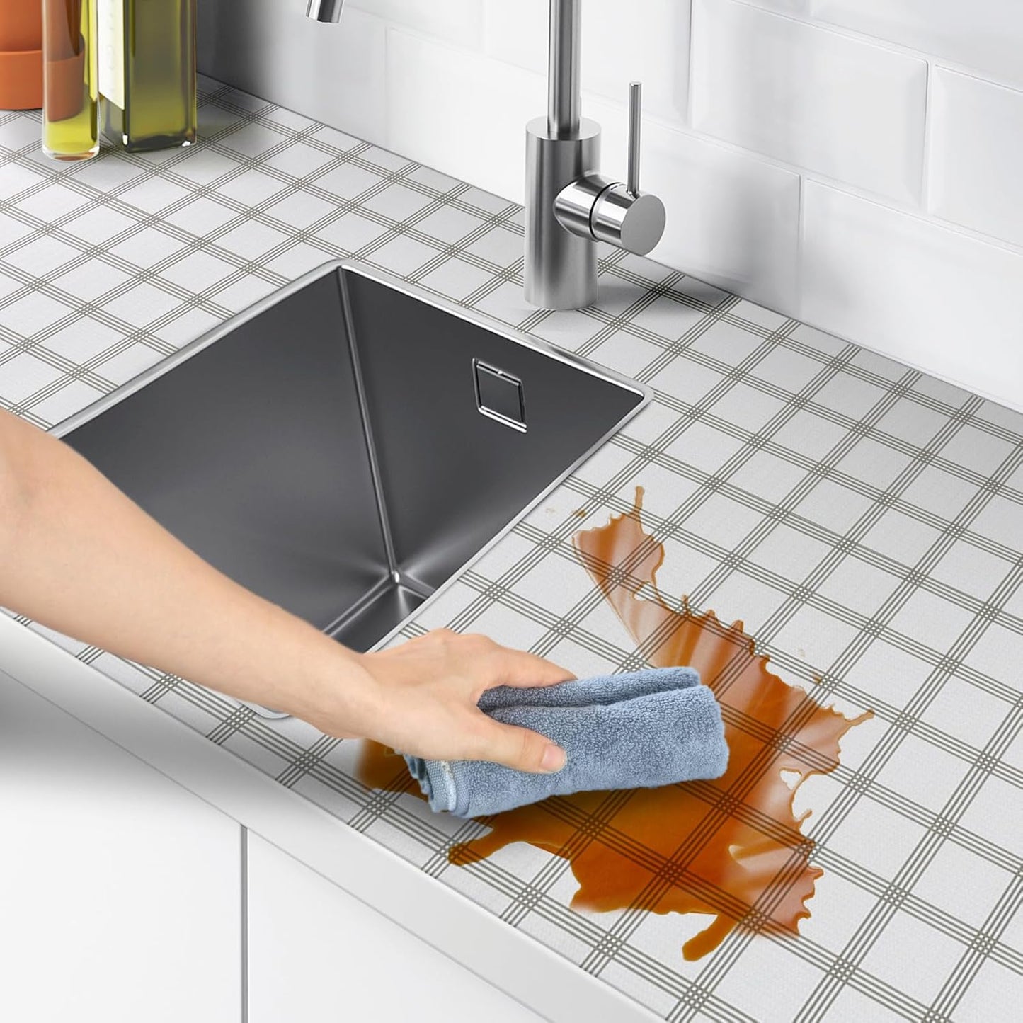 Shelf and Drawer Liner for Kitchen Cabinets Non-Adhesive, Strong Grip Non-Slip Thickened Cabinet Liners for Shelves, Waterproof Mats for Dresser Cupboard, White Square, 12 in x 10 Feet