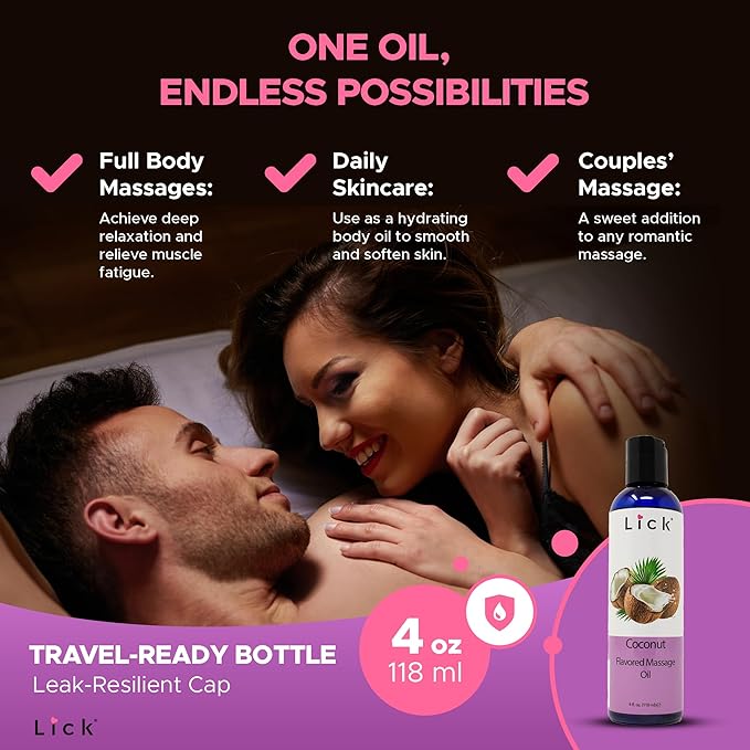 Coconut Flavored Massage Oil for Couples – Edible Massaging Lotion with Vitamin E, Sweet Almond and Coconut Oil is Non Sticky and Gentle on Skin – Natural, Relaxing and Vegan (4 oz)