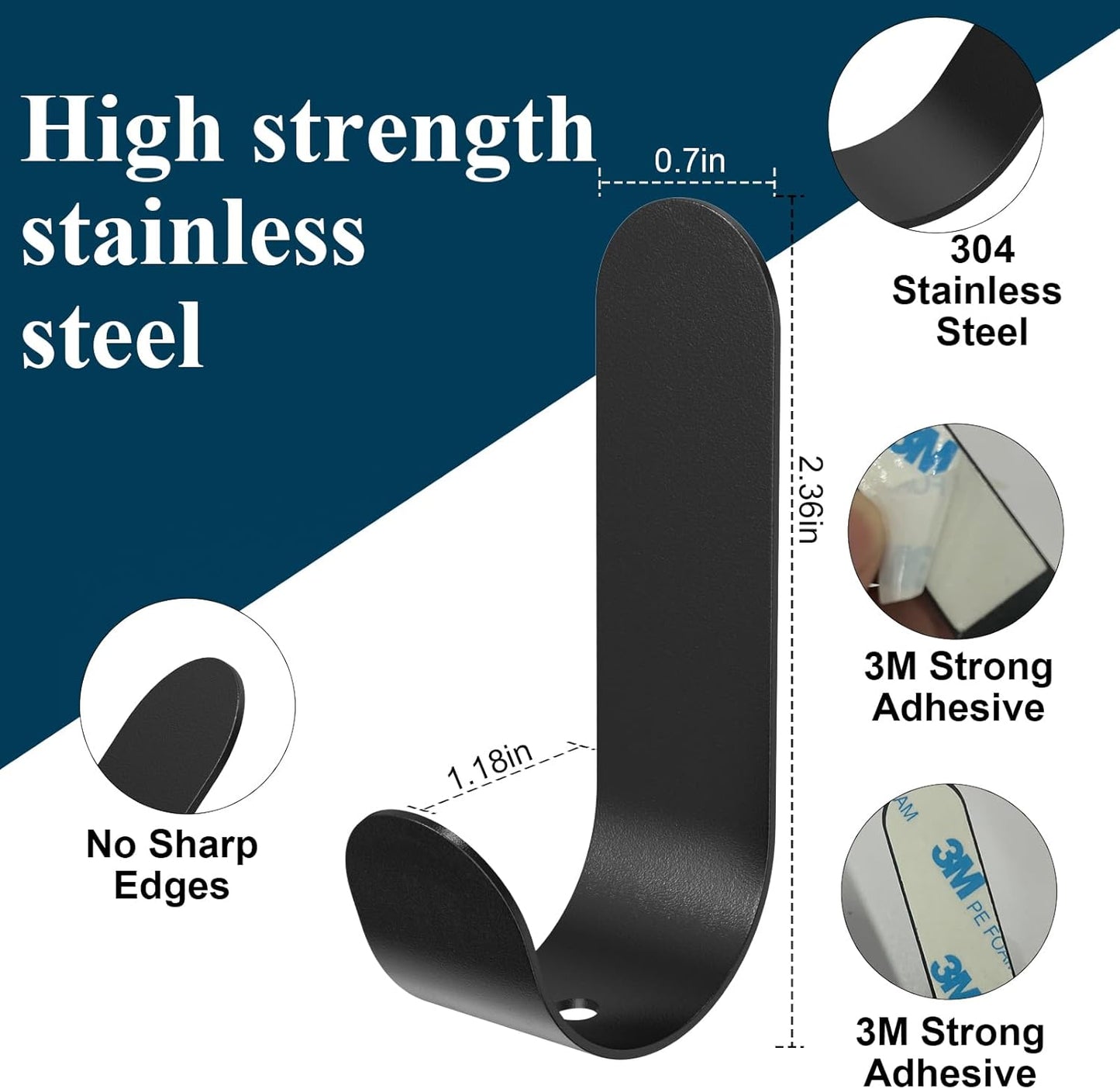 Adhesive Towel Hooks, 20 PCS Stainless Steel Self Adhesive Wall Hooks, Black Heavy Duty Shower Hook, Waterproof Oilproof Rustproof for Bathroom, Kitchen, Living Room