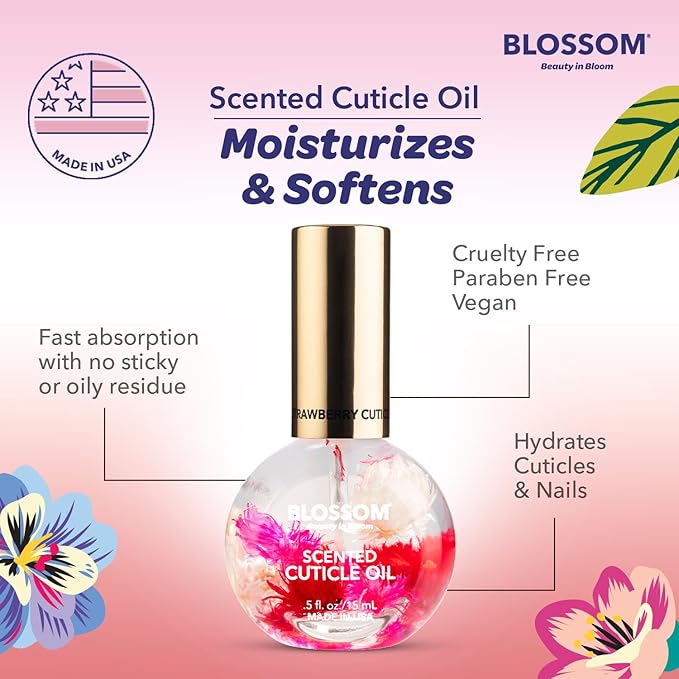 Blossom Cuticle Oil for Nails, Hydrating, Moisturizing, Scented Nail Oil Cuticle Care, Infused with Real Flowers, Made in USA, 0.5 fl. oz, Strawberry
