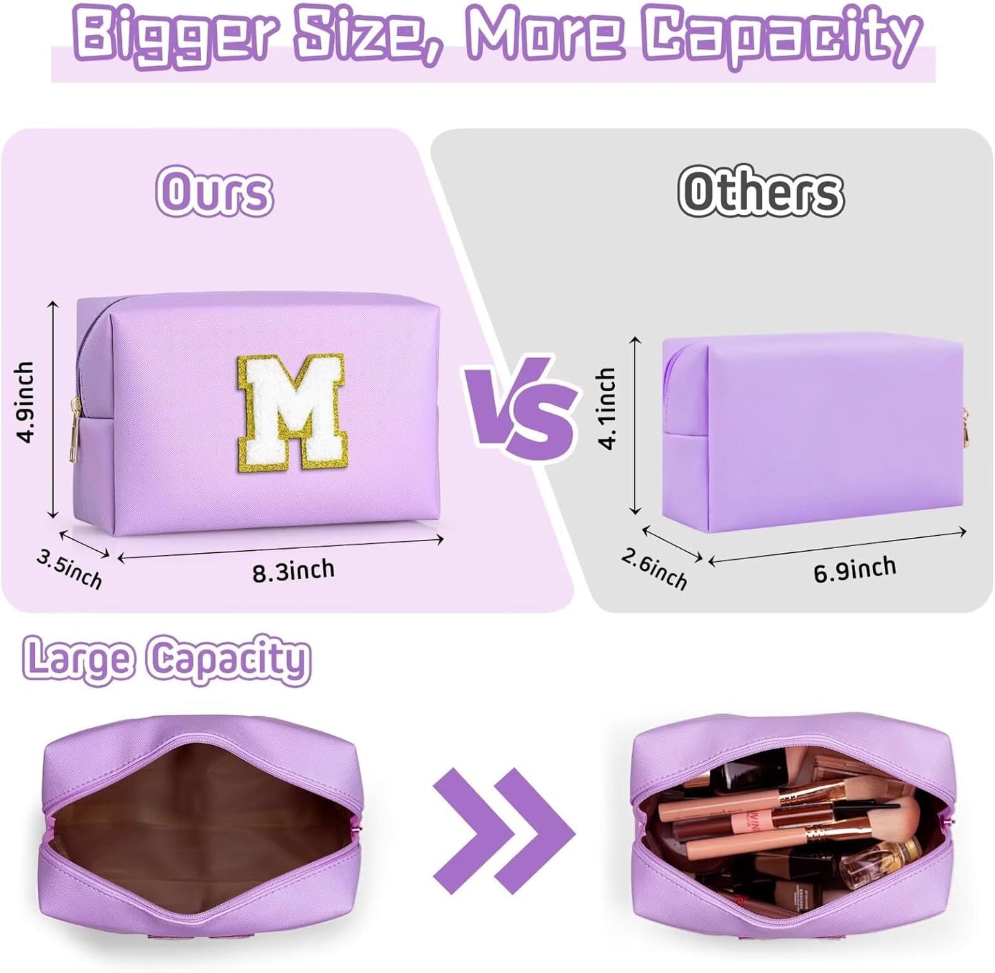 TOPEAST Initial Makeup Bag for Travel, Chenille Letter Pouch Cosmetic Bag, PU Leather Waterproof Toiletry Bag, Personalized Gifts for Bride Bridemaids, Cute Things for Girls (Purple Q)