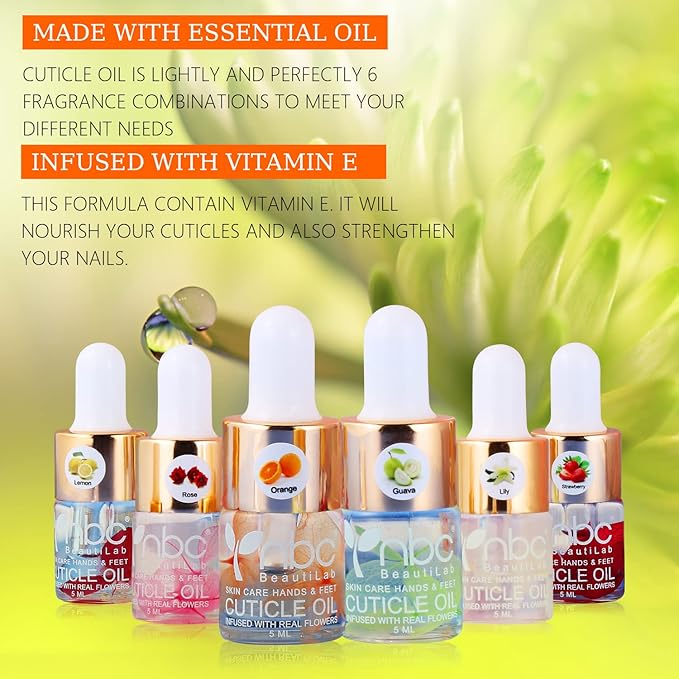 Cuticle Oil Set - 6pcs with Flowers, Vitamin E for Nail Repair & Strengthening
