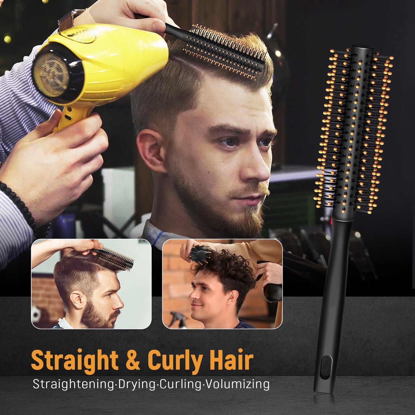 Men's Hair Styling Combs and Brush Set - Roller Brush for Adding Volume, Pompadour, Slicked-back, Fauxhawk, Undercut Styling Combs