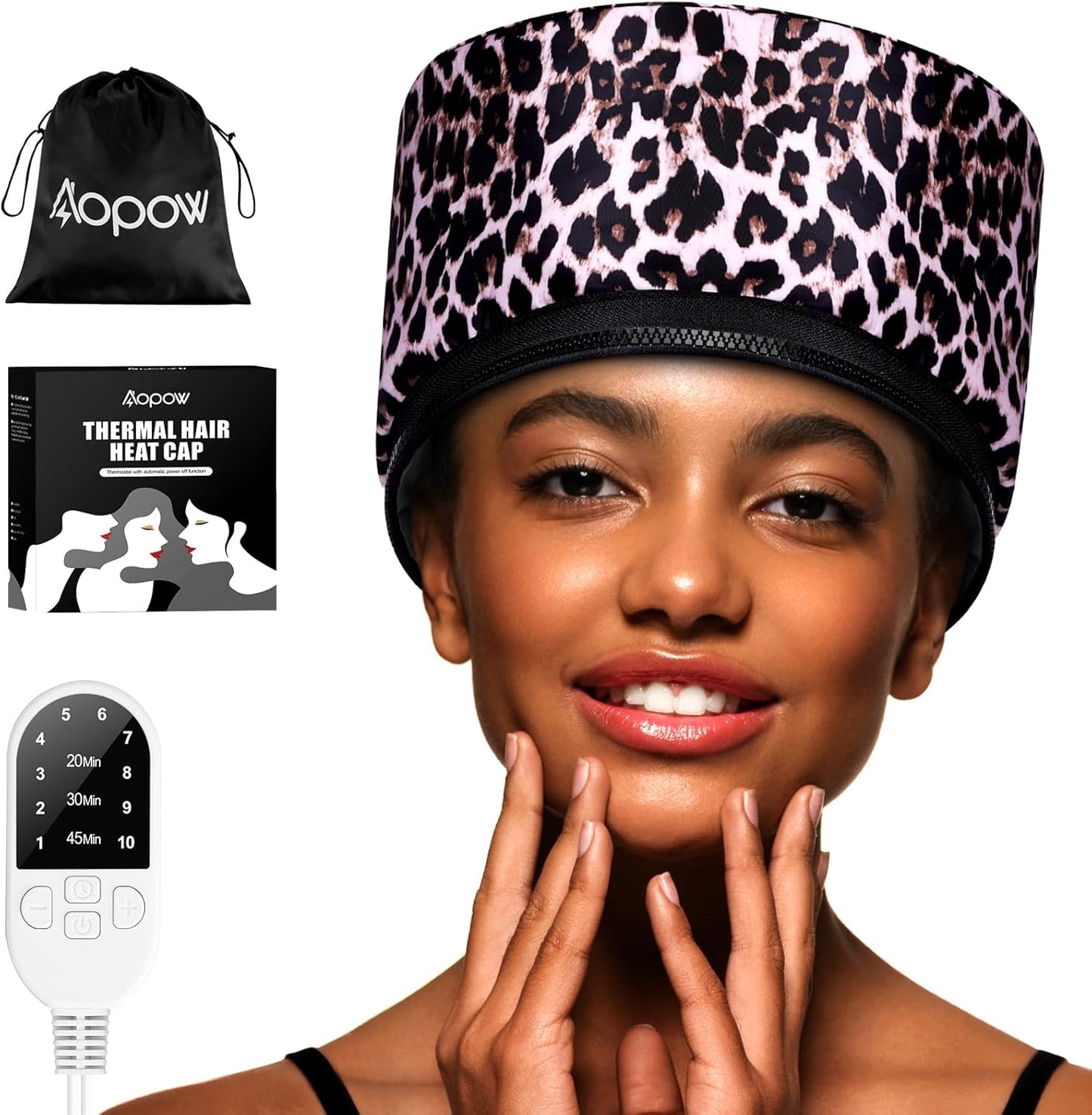 Heat Cap Leopard Thermal Steam Cap - 10-Level Heating for Deep Conditioning Natural and Black Hair at Home