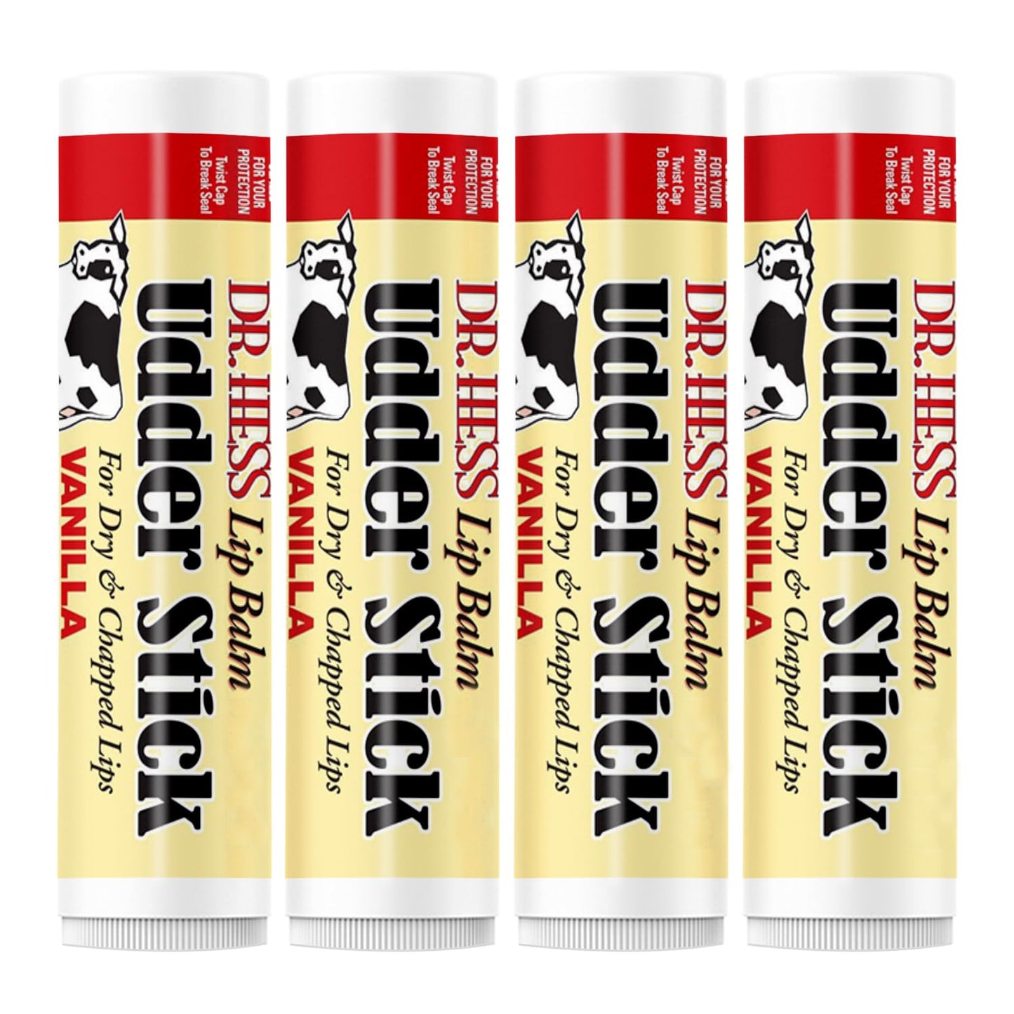 Dr. Hess Original Udder Stick SPF Lip Balm, Soothing Moisturizer Sun Screen Balm for Dry Lips with Jojoba, Beeswax & Shea Butter, Total Lip Care, Hydration & Repair, Vanilla Flavor, 4 Pack