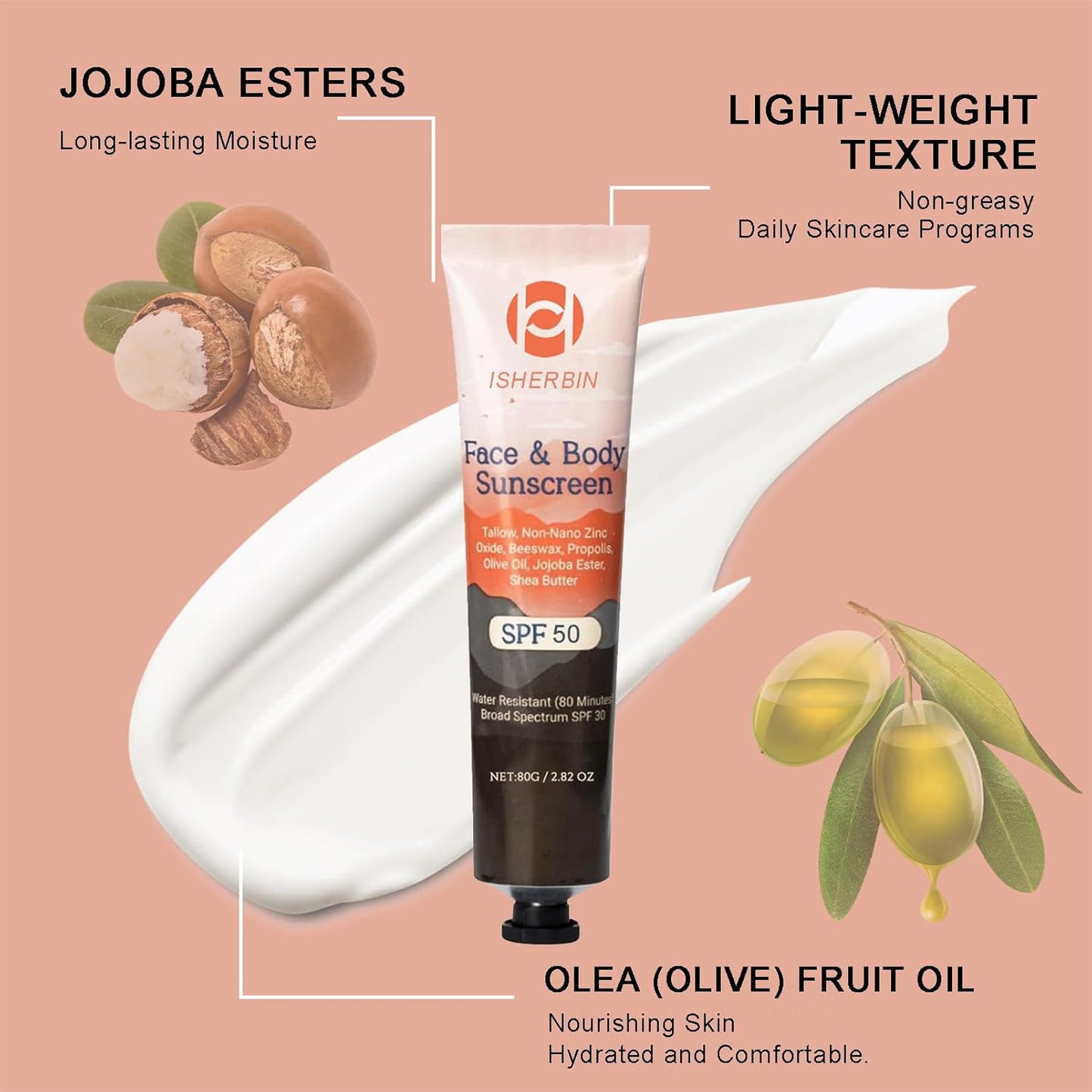 Natural Mineral Sunscreen SPF 50 - Natural Tallow & Zinc Oxide, Beef Tallow Sunscreen for Face & Body SPF 50, Lightweight under Makeup, No Sticky Travel Essentials, Summer Essentials