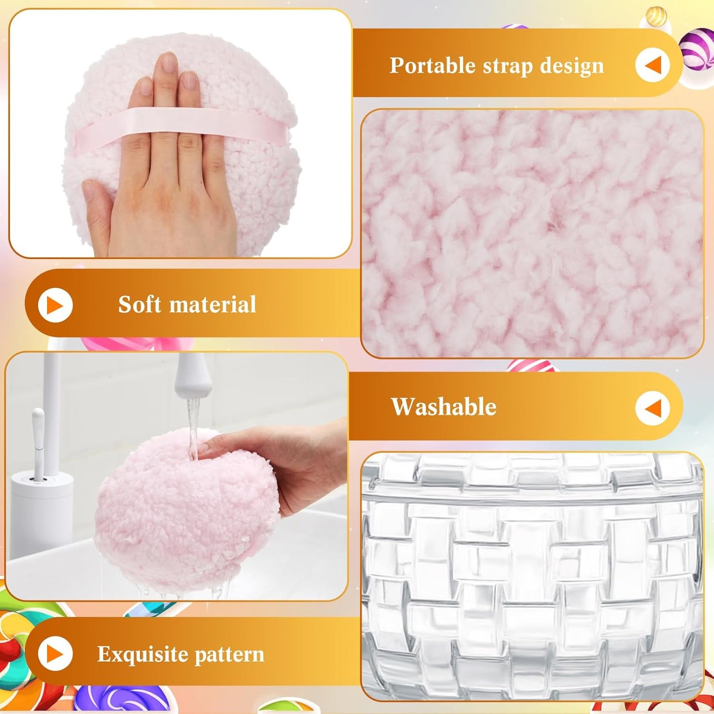 Tioncy 2 Pcs Extra Large Dusting Powder Puff and Container 6'' Body Powder Puff and Crystal Container for Women Soft Washable Reusable Velour Face(Clear)