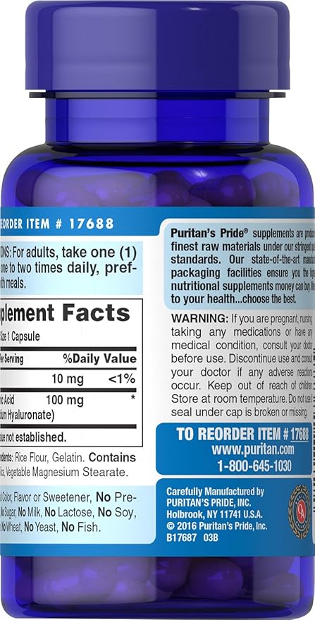 Puritans Pride Hyaluronic Acid 100mg, Dietary Supplement for Skin Hydration, 60 Rapid Release Capsules