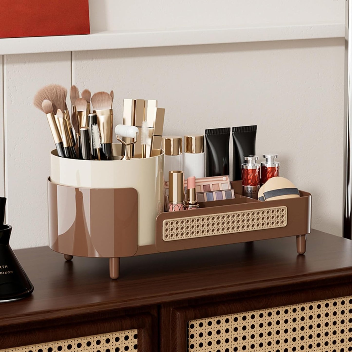 Rotating Makeup Organizer Countertop,Large Capacity Makeup Organizers for Vanity,2 in 1 makeup storage organizer for Bathrooms,Cosmetic Display Case (Coffee)