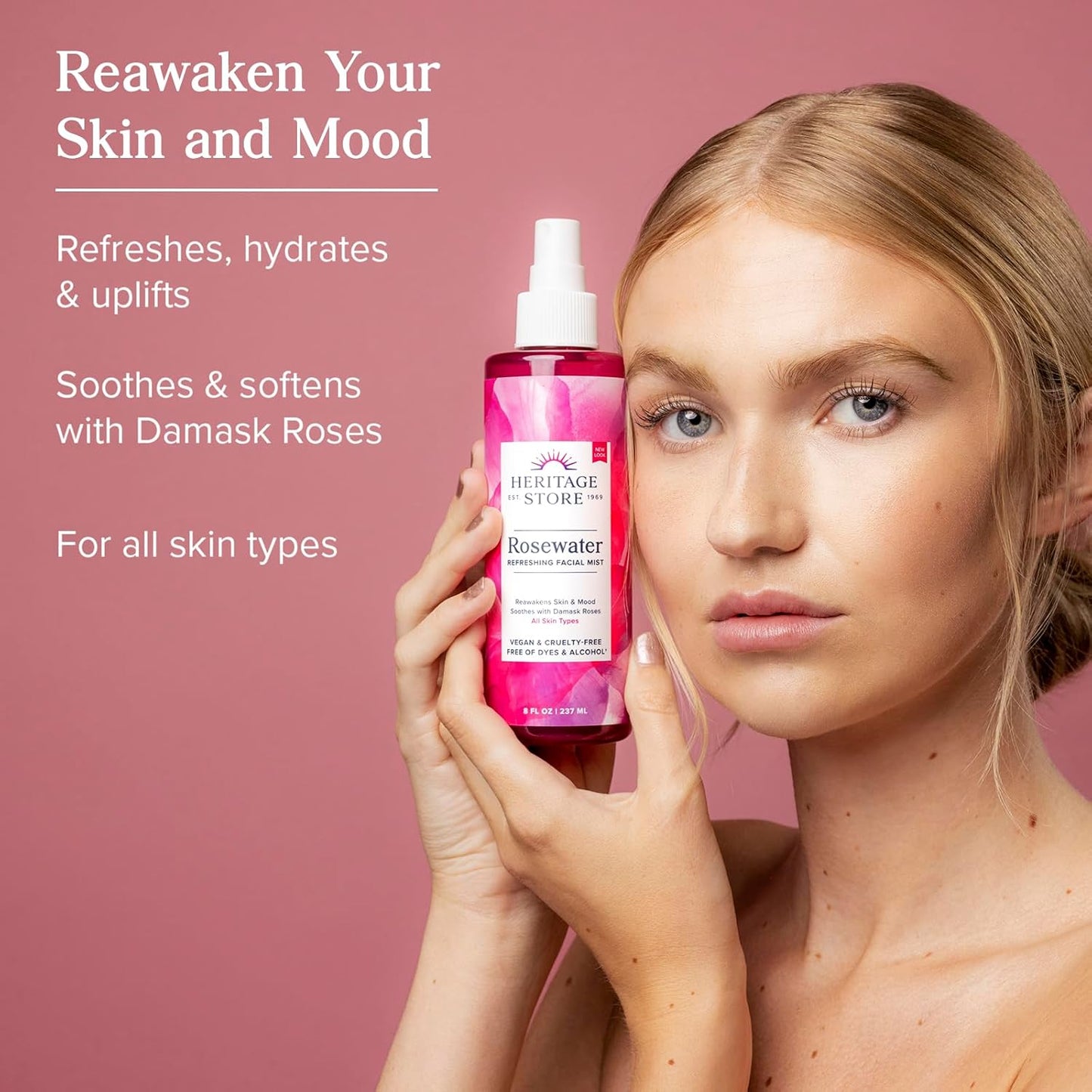 HERITAGE STORE Rosewater 2-Pack - Refreshing Face Mist w/Damask Rose, All Skin Types - Hydrating Rose Water Spray for Glowing Skin, No Dyes or Alcohol, Hypoallergenic, Vegan, 60-Day Guarantee, 8oz ea