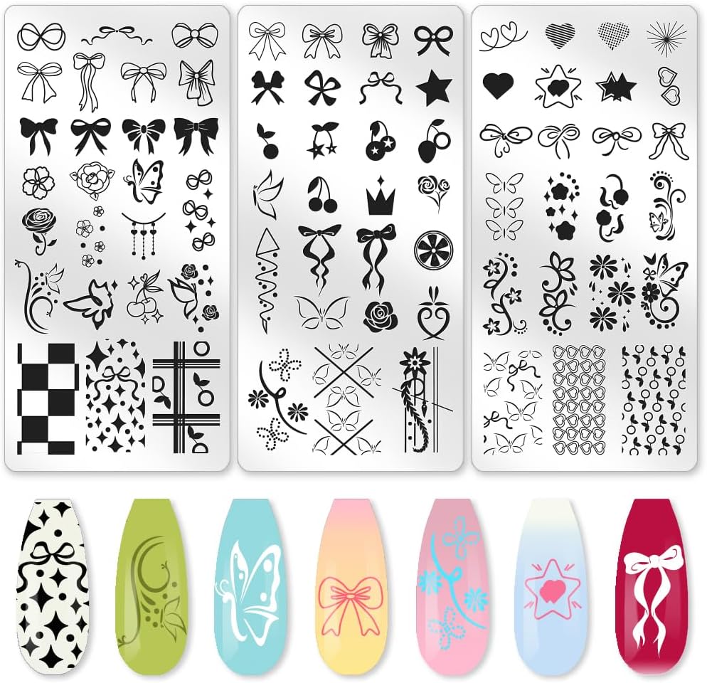 3Pcs Bow Nail Stamping Plate Set Butterfly Flower Cherry Nail Stamp Templates French Line Tip Stainless Steel DIY Reusable Tools with Stamper Scraper for Manicure Printing