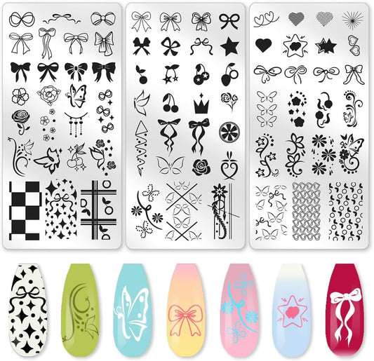 3Pcs Bow Nail Stamping Plate Set Butterfly Flower Cherry Nail Stamp Templates French Line Tip Stainless Steel DIY Reusable Tools with Stamper Scraper for Manicure Printing