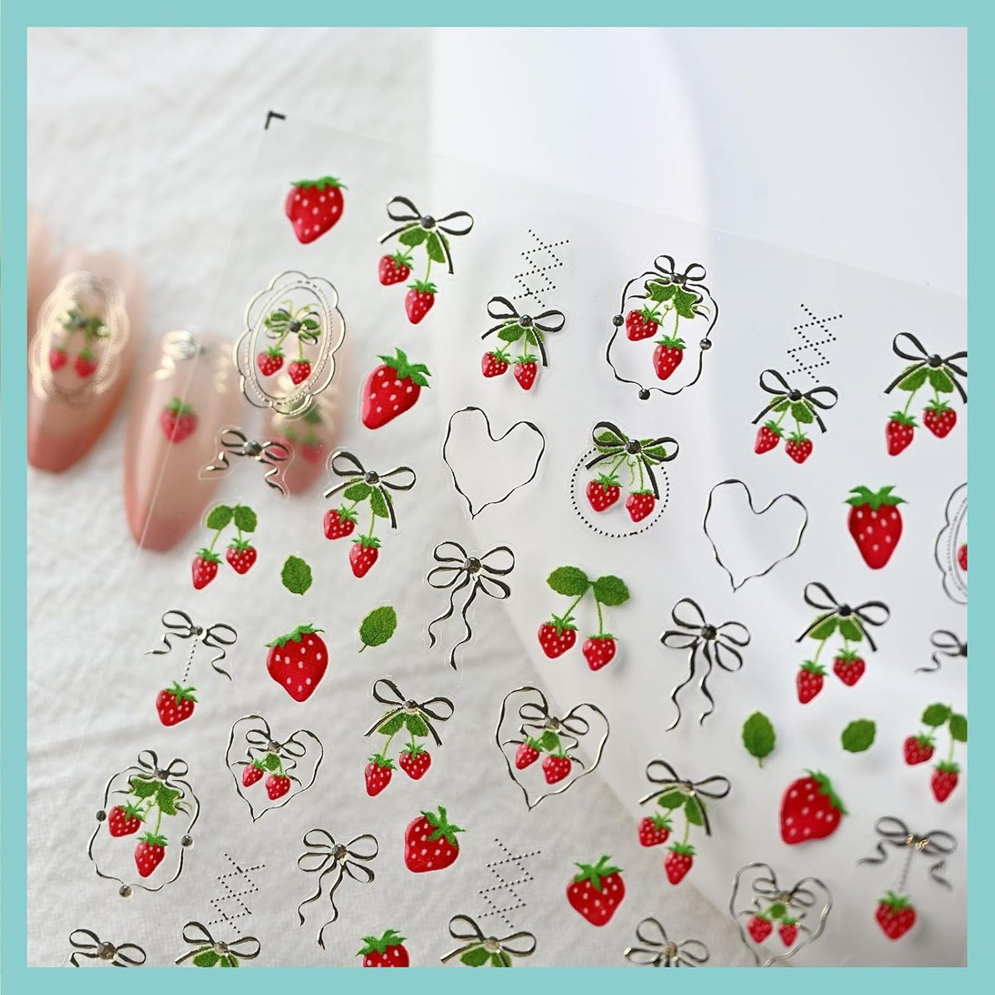Strawberry Bow Nail Art Stickers, Embossed Fruit Nail Decals, Self-Adhesive, Summer Spring Accessories for Women, Nail Decorations