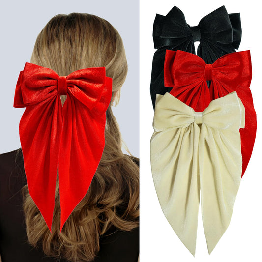 3 PCS Large Velvet Hair Bows, Oversized Long Tail Bows with Aliigator Clips, Coquette Hair Accessories for Women and Girls (Black - Red - White)