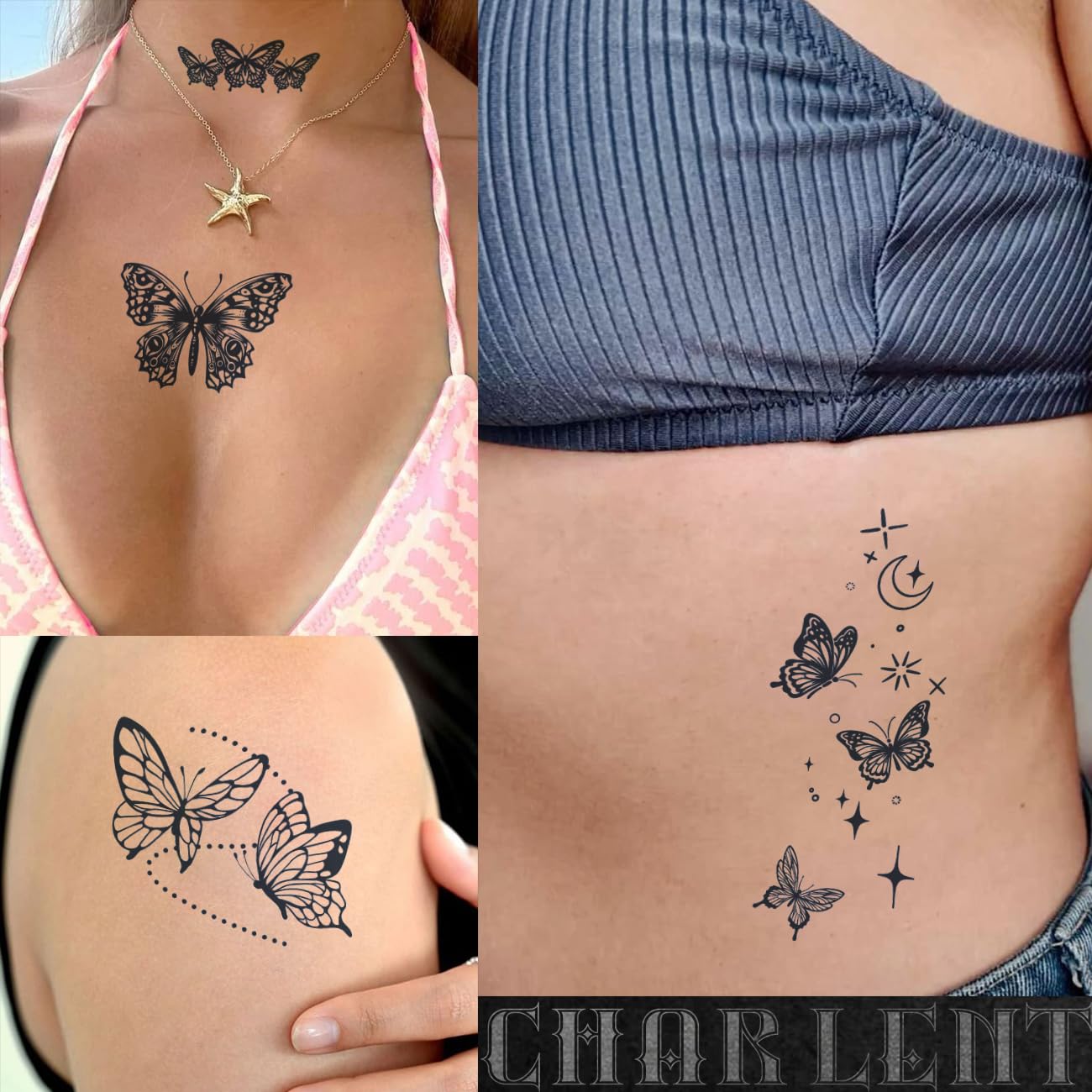 CHARLNET Butterfly Semi-Permanent Tattoos for Women - 2 Weeks Long Last,Realistic Butterfly Fake Tattoos for Body Art/Fades Naturally/No Reflection/Waterproof