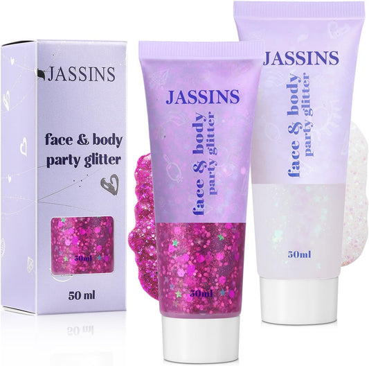 JASSINS 2PCS Body Glitter, 100ml Rose-Purple and White Face Glitter for Women Girls Kids, Glitter Gel Makeup Tween Gifts, Singer Concerts Festival Rave Accessories, Chunky Mermaid Sequins Glitter