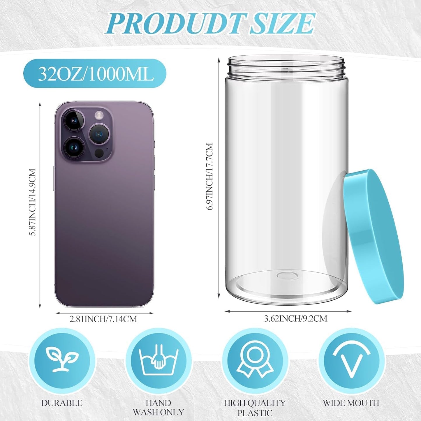 SATINIOR 12 Pack 32 oz Plastic Container Jars with Lids Round Clear Travel Cosmetic Container Slime Jars for Toiletries, Lotion, Cream, Ointments, Makeup, Rhinestone, Samples, Kitchen Storage(Blue)