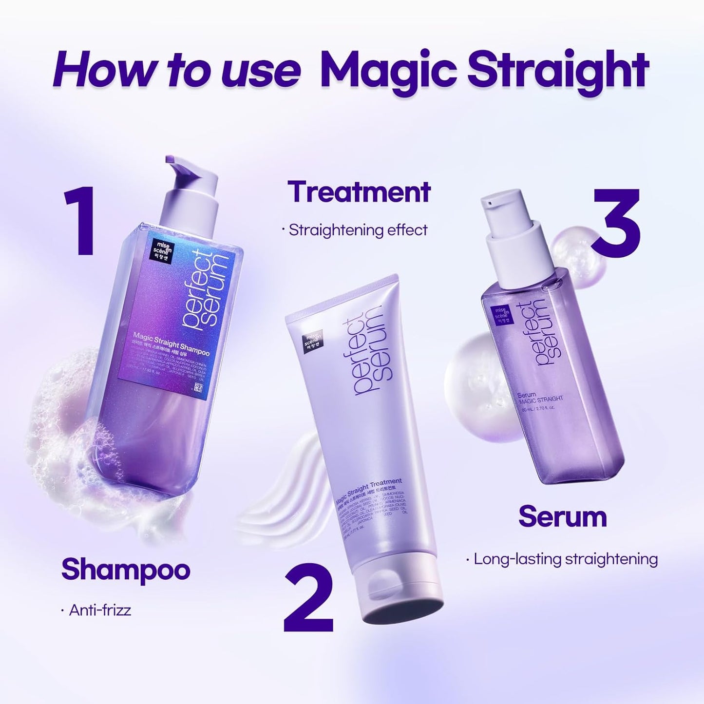 Mise En Scene Perfect Magic Straigt Serum Treatment | Anti-Frizz Cream for flyaway taming | Anti Humidity Hair Conditioner | Hydrating, Add Shine, Breakage Control | 7.77 Fl Oz