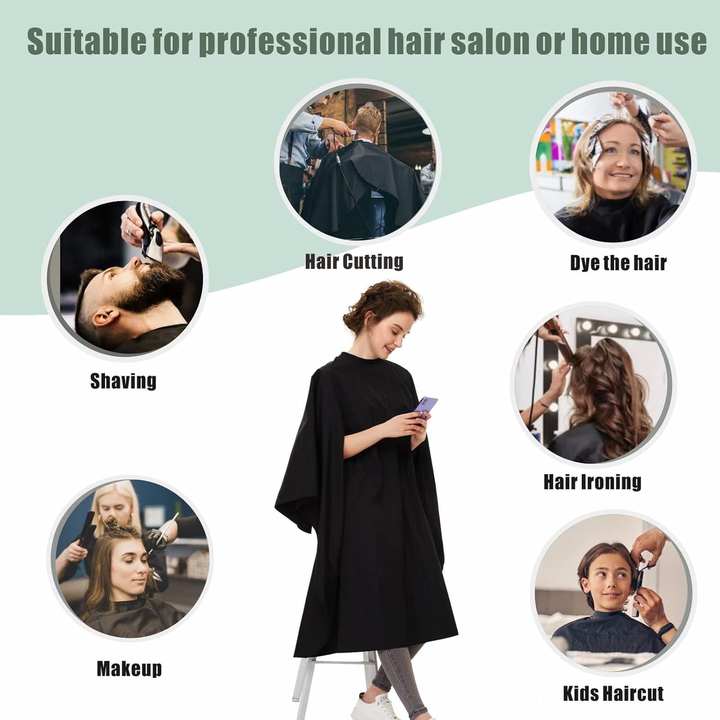 Professional Barber Cape With Armholes - Hands Free All Purpose 64"x56" Large Waterproof Salon Capes for Hair Stylist - Nylon Hair Cutting Cape For Hair Dye, Hair Color,Haircut - Black