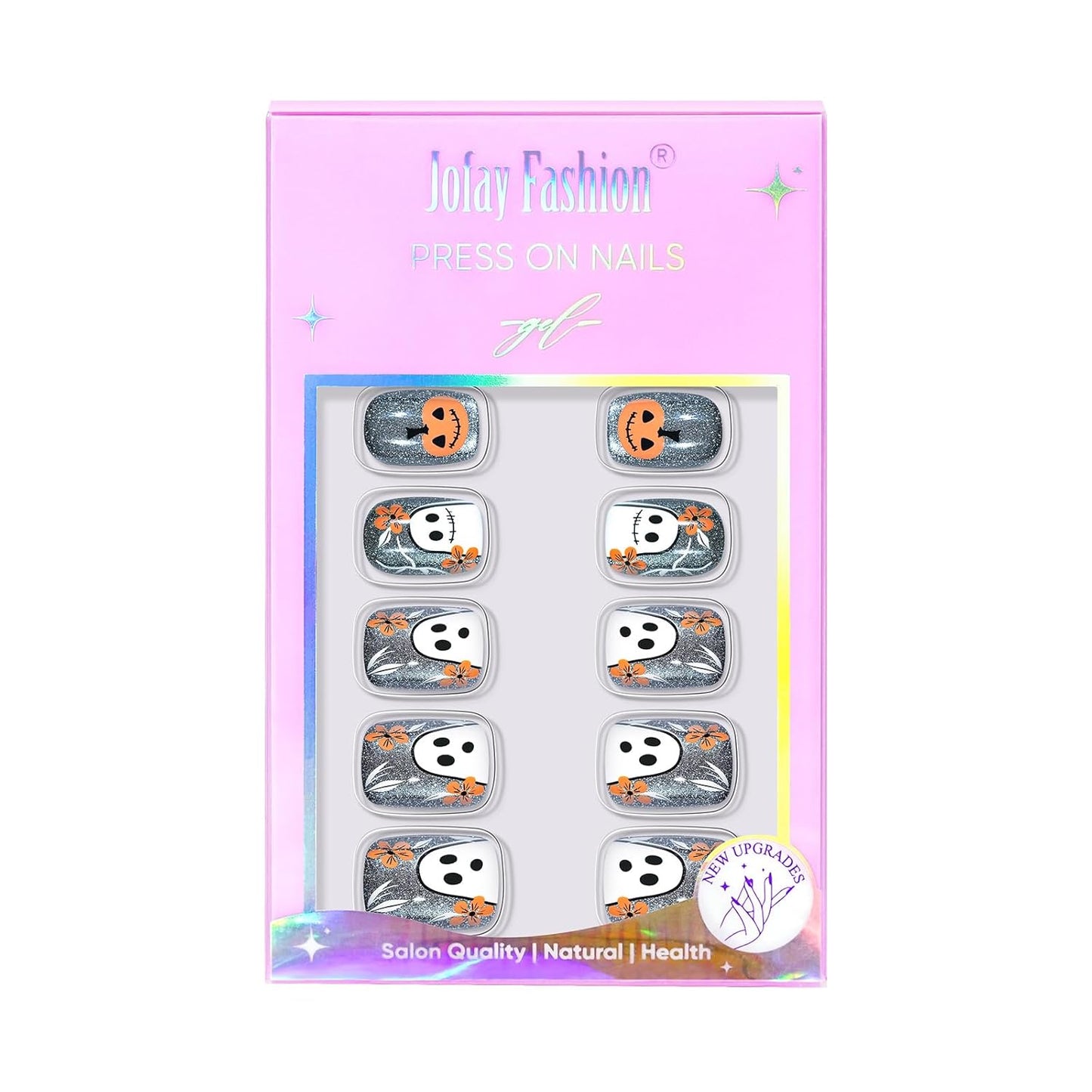 Halloween Press On Nails - Pumpkin Nail Gray Cat Eye Halloween Nails, Acrylic Short Square Nails Press On with Nail Glue, Fit Perfectly & Natural Stick On Nails in 16 Sizes - 32PCS Soft Gel Kit